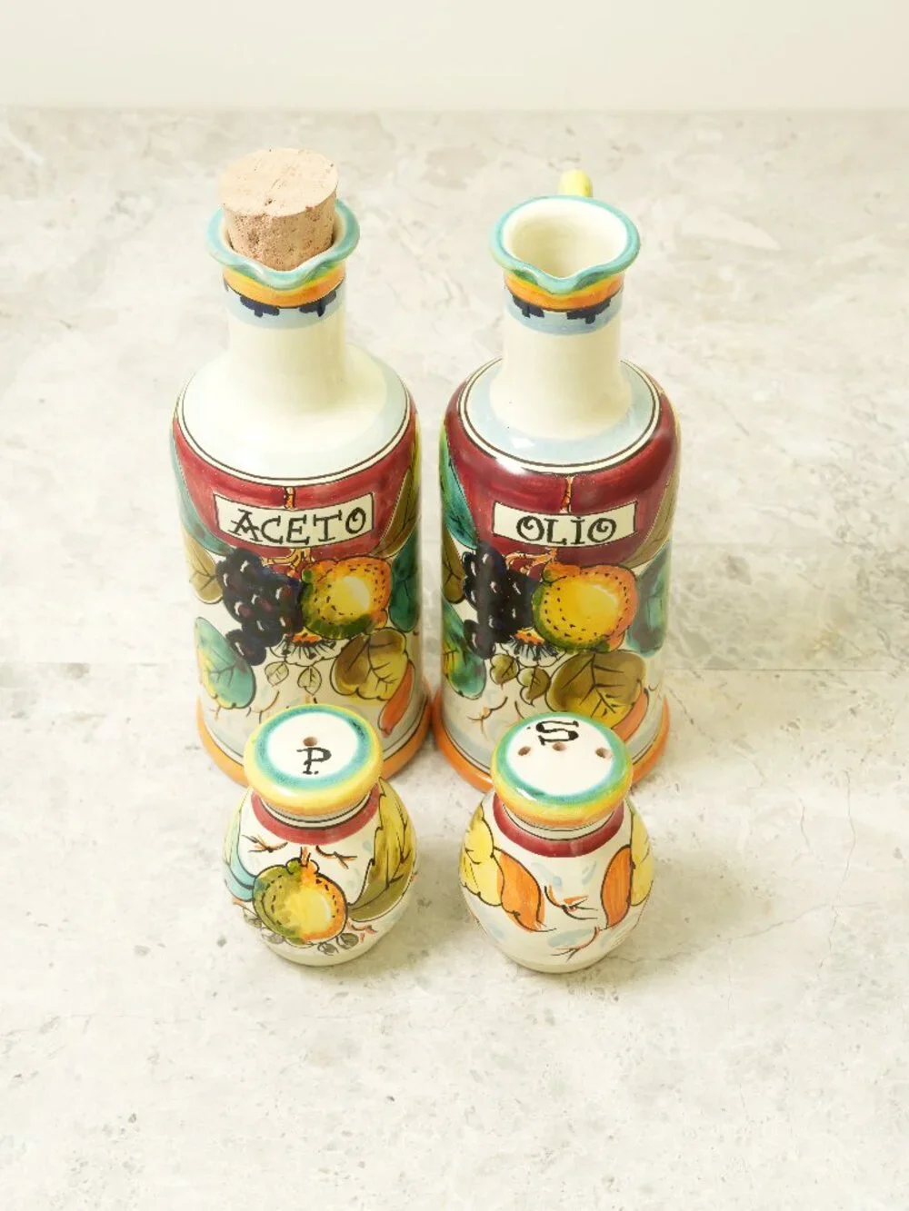 Hand Painted Ceramic Aceto Olio Oil Vinegar Salt Pepper Set